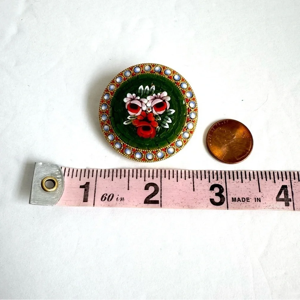 Vintage Micro Mosaic Brooch Green Rose Pin Signed Italy Italian Florentine - Picture 10 of 10